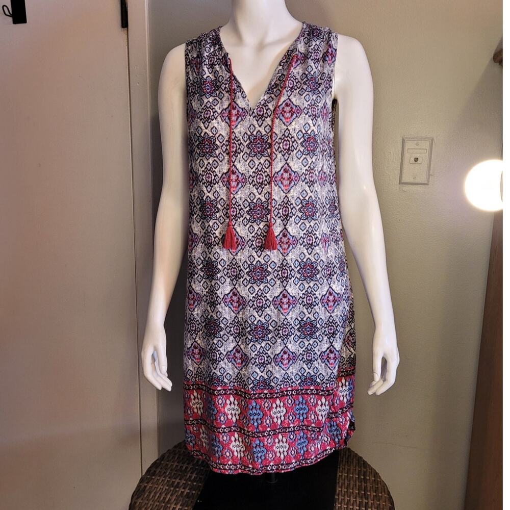 Beach Lunch Lounge Boho Aztec Tunic Dress M Viscose Festival Colorblock Indie